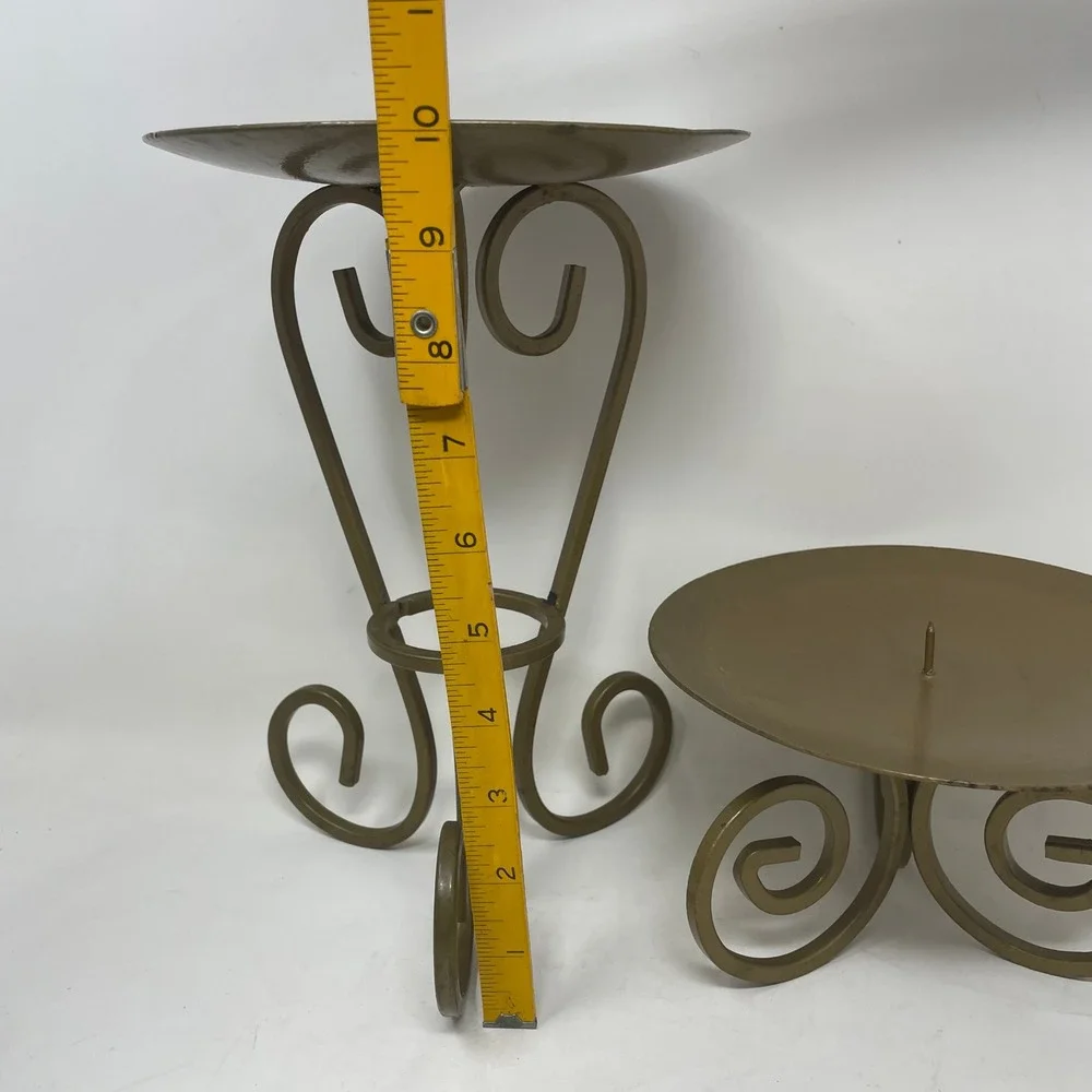 Vintage Gold Wrought Iron Pillar Candle Holder Set Scroll Tripod Base 2 Piece